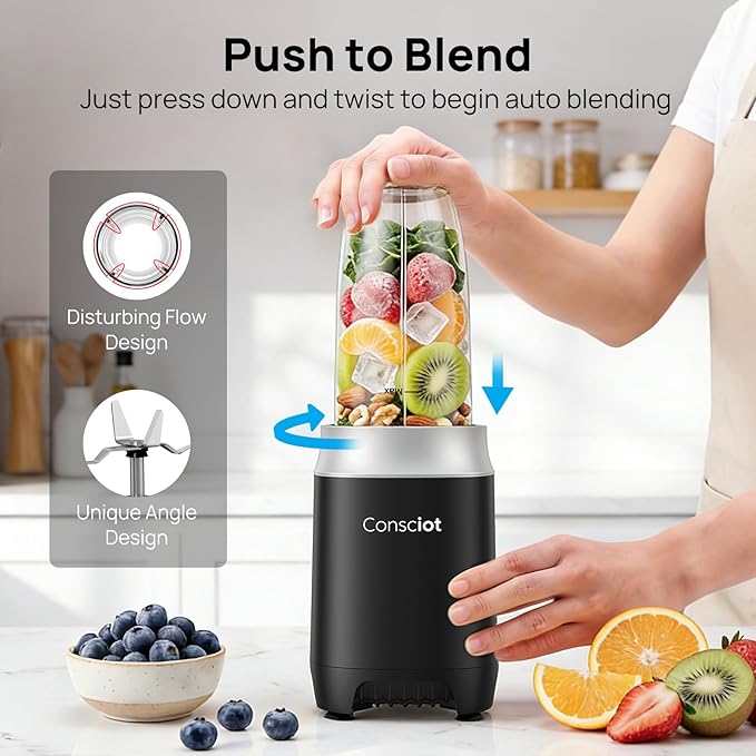 Consciot CB10 16Pcs Personal and Countertop Blender Combo, Coffee and Spice Grinder, Make Shakes and Smoothies, Frozen Drinks, Baby Food, Spreads & More, 4 Portable BPA Free To-Go Cups, 900 Peak Watt