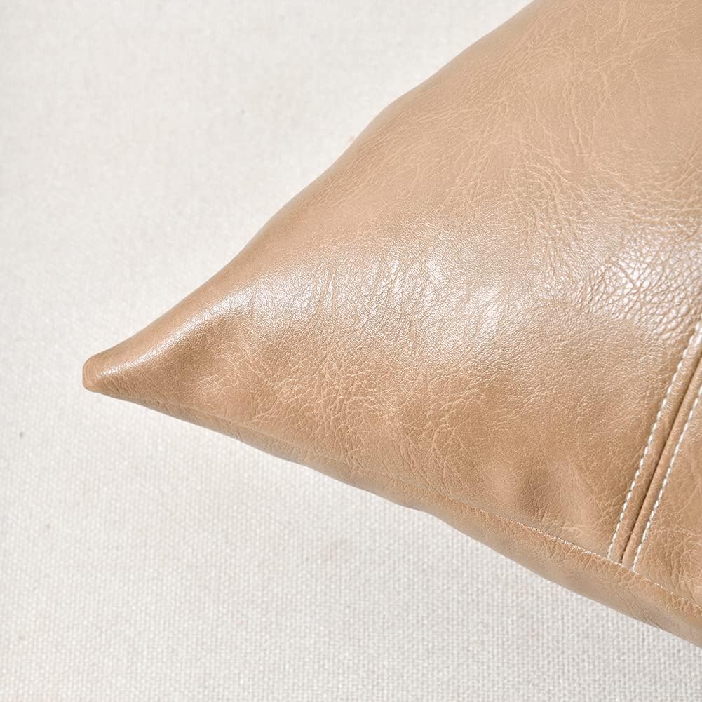 Fancy Homi Tan Long Lumbar Faux Leather Decorative Throw Pillow Covers 12x24 Inch for Living Room Couch Bed, Beige Hand Stitched Cushion Case 30x60 cm, Taupe Modern Farmhouse Home Decor