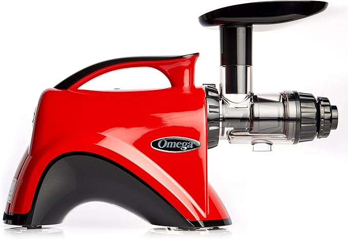 Omega Juicer Premium Vegetable and Fruit Juice Extractor and Nutrition System Makes Nut Milks Baby Food and Sorbets, Adjustable Pressure Settings 80-RPM Slow Masticating Juicer, 150-Watts, Red