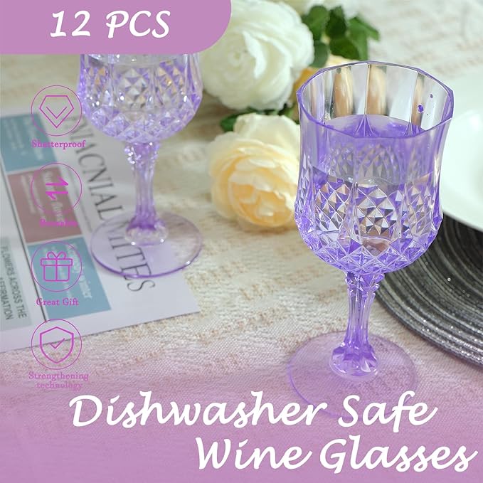 Plastic Wine Glasses, Plastic Goblets Vintage Style Cordial Unbreakable Drinking Glasses, Reusable Drinkware for Wedding Reception, Grand Event Party Supplies (12, Purple)