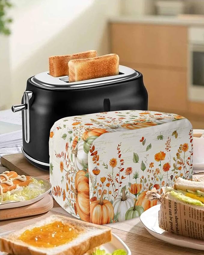 Orange White Pumpkins Fall Toaster Cover 4 Slice, Thanksgiving Botanical Leaves Dustproof Bakeware Oven Protector with Hook, Retro Waterproof Small Kitchen Appliance Toasters Dust Cover, 12"x11"x8"
