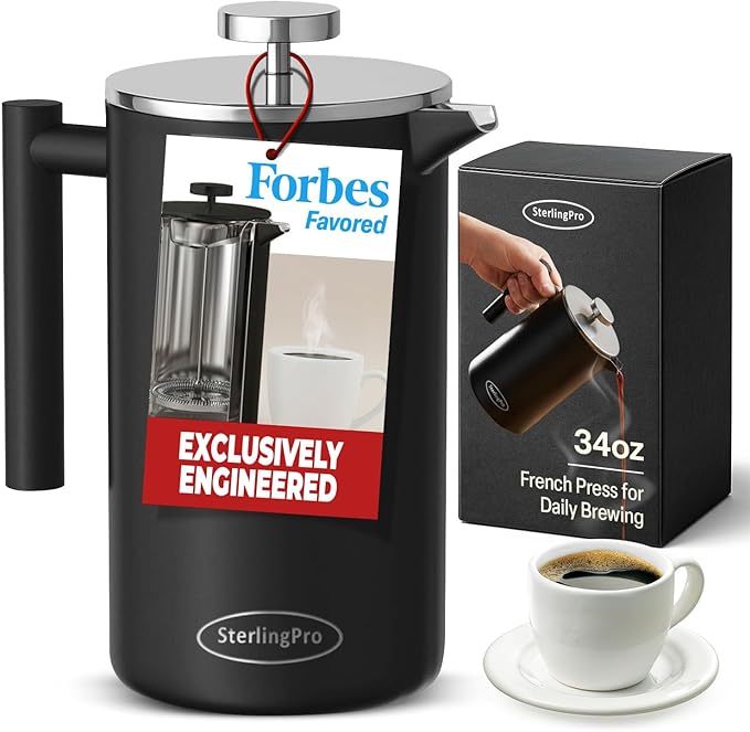 SterlingPro Stainless Steel French Press Coffee Maker 1 L (34 oz) Black – Double Walled Insulated Large Coffee Press, Durable Design Keeps Drinks Hot, Easy to Use and Clean for Rich Flavor Brewing