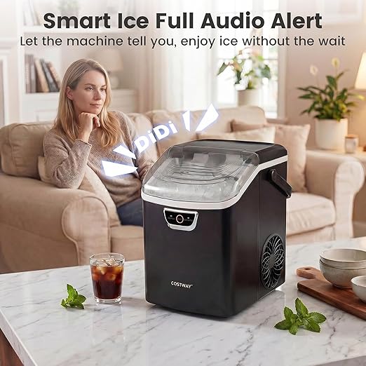 COSTWAY Nugget Ice Maker Countertop with Handle, 33 Lbs/24H Soft Chewable Ice, Ready in 6 Mins, Auto-Cleaning, Audible Ice Full Alarm, Portable Sonic Ice Machine for Home Kitchen Office, Black