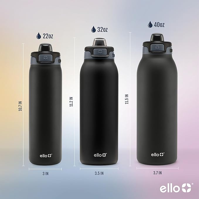 Ello Pop & Fill 40oz Stainless Steel Water Bottle with Quick Fill Technology, Double Walled and Vacuum Insulated Metal, Leak Proof Locking Lid, Sip and Chug, Reusable, BPA Free, Tonal Black