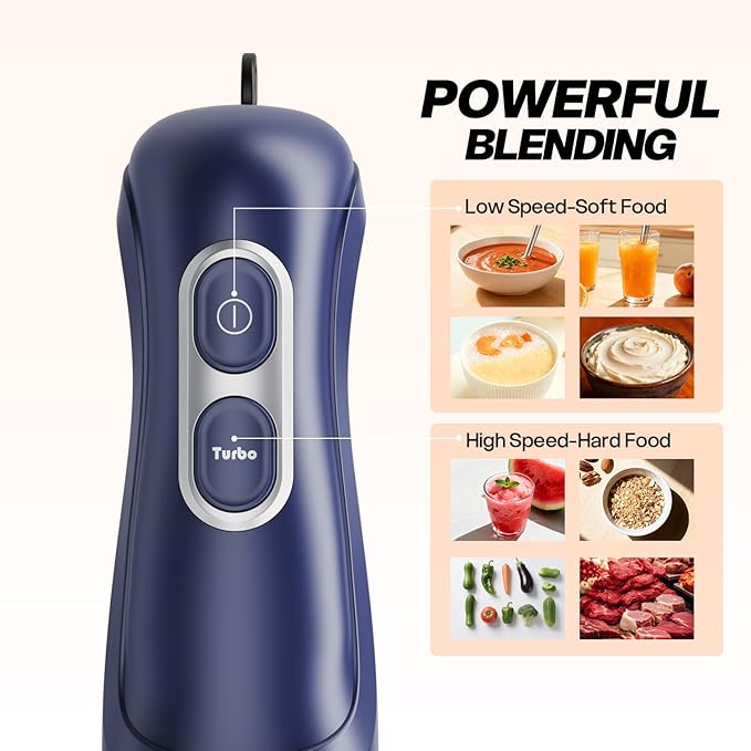 Turelar Immersion Blender Handheld, Corded Electric Blenders Portable Stick Mixer with 2 Mixing Speed and Stainless Steel Blades Emulsifier for Effortless Blending Soup, Smoothies, Puree or Baby Food