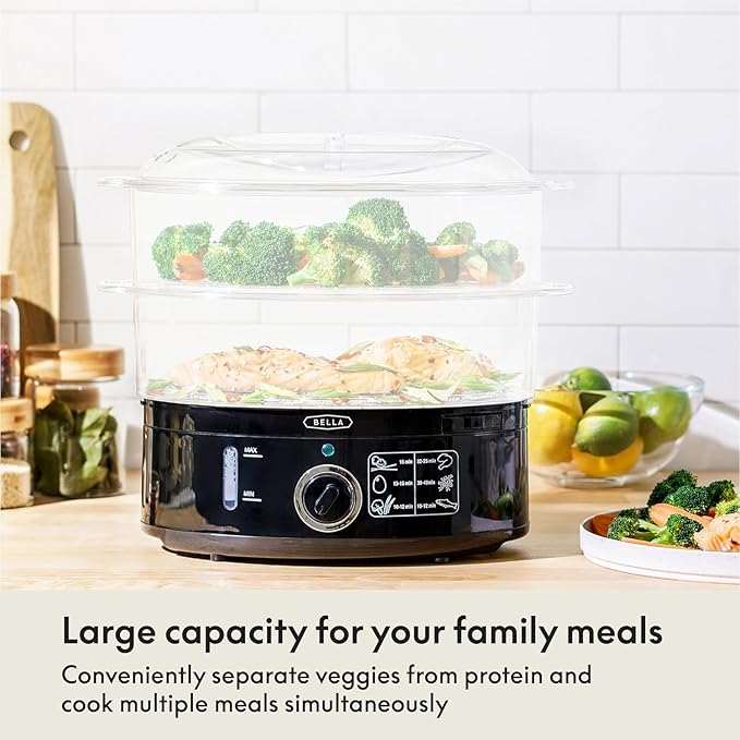 BELLA Two Tier Food Steamer with Stackable Baskets & Removable Base for Fast Simultaneous Cooking - Auto Shutoff & Boil Dry Protection, 7.4 QT, Black