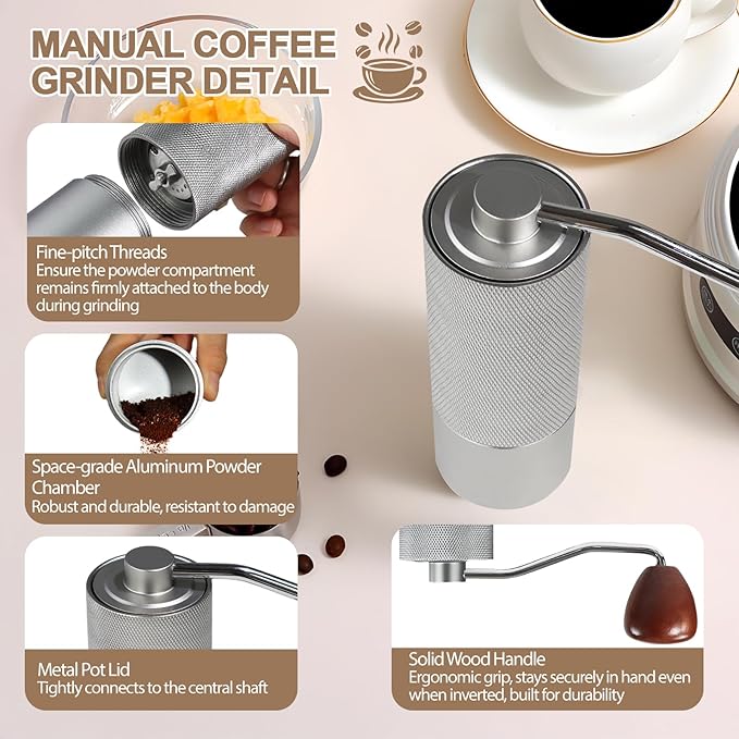 Non-Detachable Manual Coffee Grinder with 25 Level Stainless Steel Conical Burr Portable Aluminum Coffee Bean Grinder Gift Set Suitable for Moka Pot Espresso Pour Over Easy Cleaning with Brush