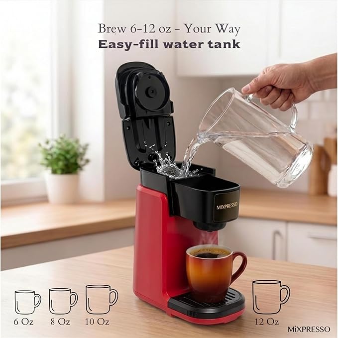 Mixpresso Red Single Serve Coffee Maker for K Capsule, Compact Mini Coffee Maker 800 Watt Coffee Machine for Pods or Ground, Fast Brew, Auto Shut Off, 12 Oz Brew Size for Travel, Office, RV and Dorm
