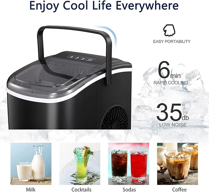 Countertop Ice Maker Machine, Portable Compact Small Bullet Ice Maker with Self Cleaning Function Makes 9 Cubes in 6 Minutes, Up to 26lbs in 24 Hours, Ideal for Camping Dorm Home Outdoor Use(Black)
