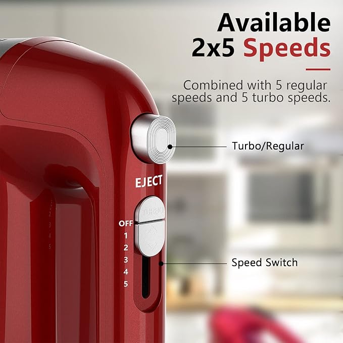 Hand Mixer Electric, 450W Kitchen Mixers with Scale Cup Storage Case, Turbo Boost/Self-Control Speed + 5 Speed + Eject Button + 5 Stainless Steel Accessories, For Easy Whipping Dough, Cream, Red