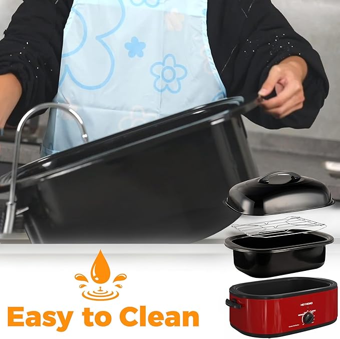 20Qt Roaster Oven Buffet with Self-Basting Lid, 1450W Stainless Steel Electric Turkey Roaster Oven with Cool-Touch Handles, Removable Pan and Rack, Red