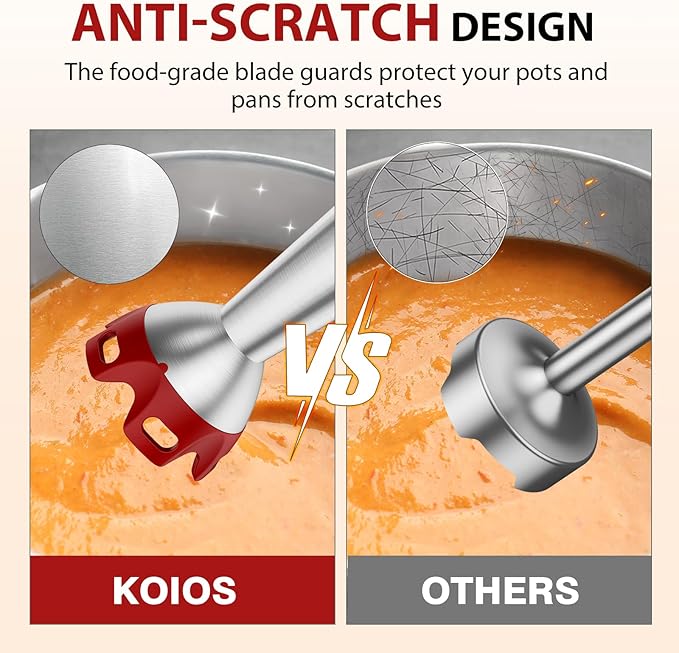 KOIOS Immersion Blender, 1000W Anti-scratch 3-in-1 Hand Blender, Upgraded 12 Speed Stainless Steel Blade Stick Blender with Turbo Mode, Whisk and Milk Frother, Non-BPA, Red