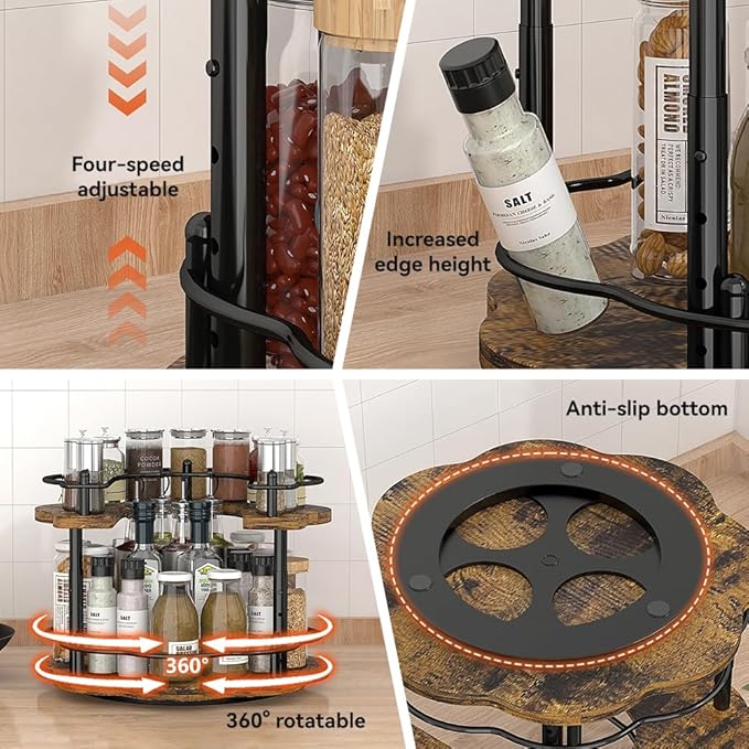 12" Wood Lazy Susan Rotating Spice Rack Spice Turntable Organizer for Kitchen Countertop Pantry and Cabinet Cupboard (A Style, 2 Tier)