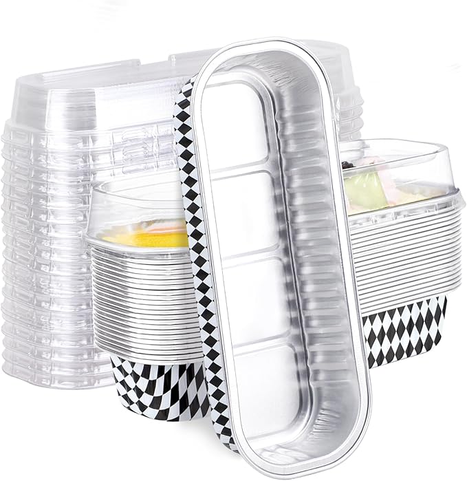 EUSOAR Disposable Ramekins, 25pcs 6.8oz Mini Cake Loaf Pans with Lids, Aluminum Foil Ramekins Muffin Liners Baking Cups Containers Holders Creme Brulee Tins for Birthday Wedding Party-Black/White