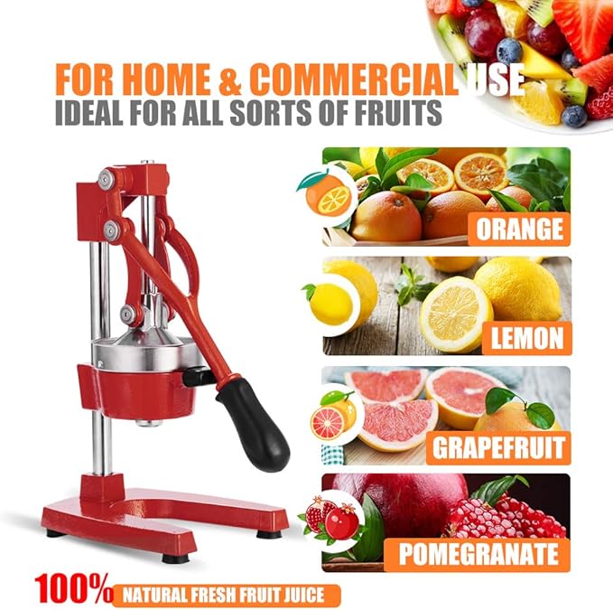 Commercial Heavy Duty Cast Iron Hand Press Manual Orange Citrus Lemon Lime Grapefruit Pomegranate Fruit Juice Squeezer Machine with Stainless Steel Cup Red