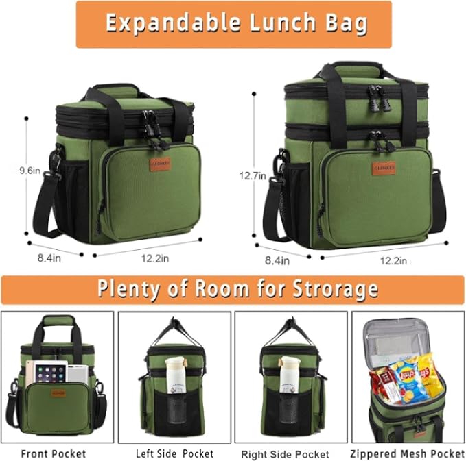 GLENKEY Expandable XLarge Lunch Box, Insulated Heavy Duty Lunch Bag Waterproof Leakproof Durable Cooler Bag for Men Women Adults Work Construction Camping Trip, 22L, Army Green