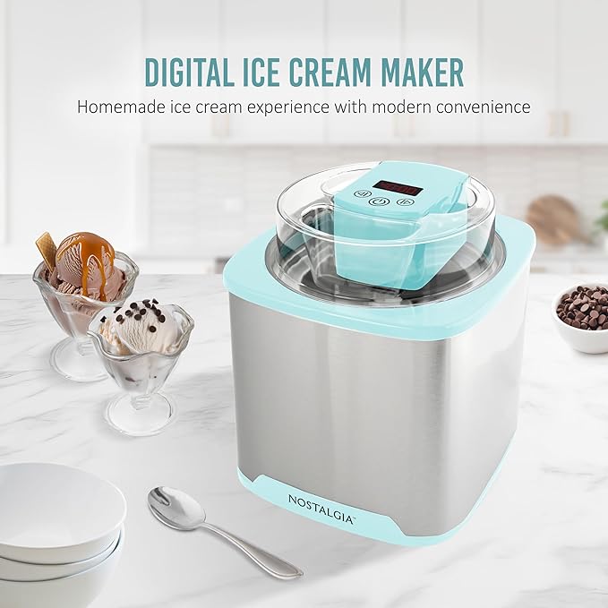 Nostalgia 2-Quart Electric Ice Cream Maker – Make Homemade Ice Cream, Gelato, Sorbet & Frozen Yogurt – No Salt/Ice Needed, Digital Controls, Mix-In Chute & Freezing Gel Canister – Stainless & Aqua