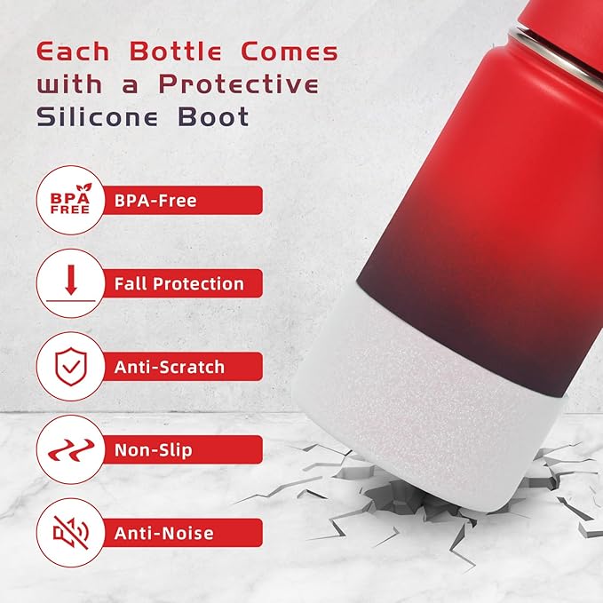 Volhoply 14oz KIds Stainless Steel Insulated Leakproof Water Bottle with Straw Lid and Silicone Boot,BPA-Free Easy Use for Boys&Girls,Double Wall Vacuum Bottles(Red Purple,1)