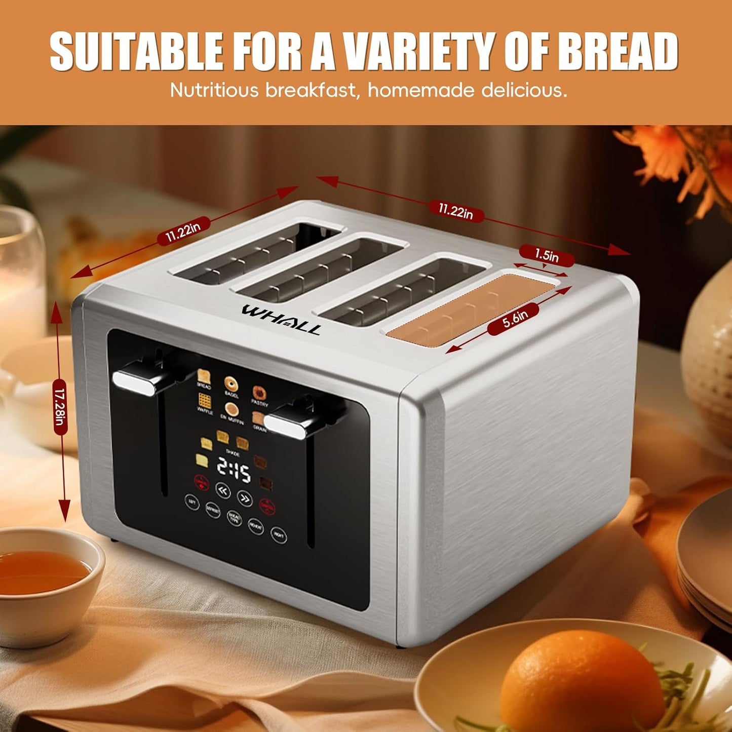 whall 4 Slice Touch Screen Toaster, Stainless Steel Toasters Digital Timer, Dual Control Panel Toasters，6 Shade Settings＆6 Bread Types, Smart Wide Slots, Bagel, Cancel, Defrost,Flat lever Stainless