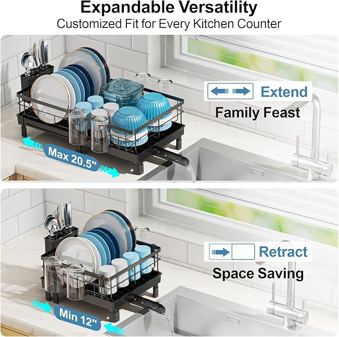 GSlife Expandable Dish Drying Rack for Kitchen Counter, Compact Space-Saving Dish Rack with Drainboard, Rustproof Dish Drainer for Small Kitchen, Apartment, RV, 12.2" W x 12"-20.5" L, Black