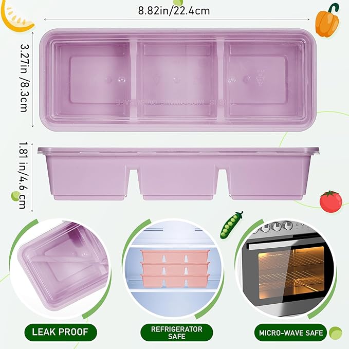 Hushee 10 Pack 17 oz Small Meal Prep Containers with 3 Compartments Snack Containers with Lid Disposable Plastic Bento Box Travel Lunch Food Boxes Stackable for Office Picnic (Purple,Pink,Mint Green)