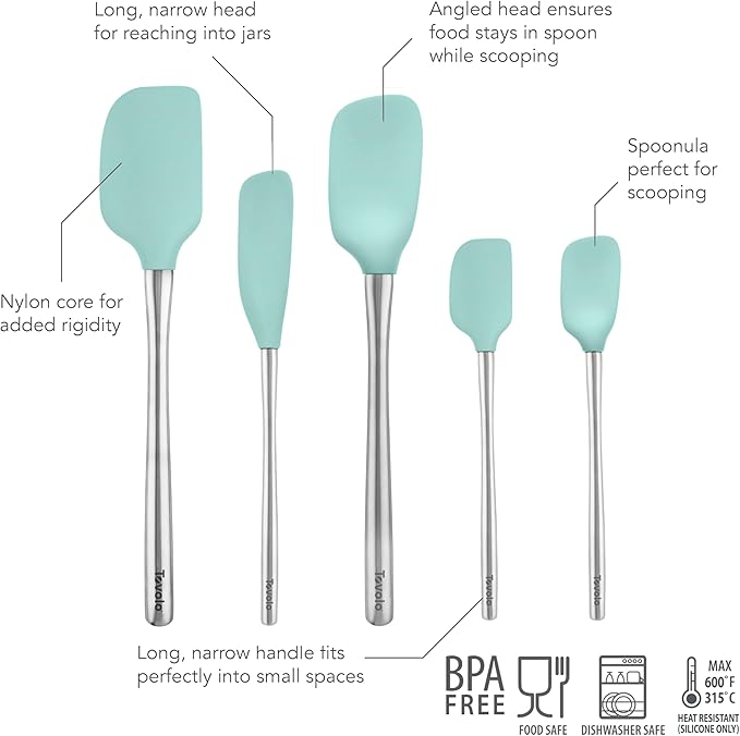 Tovolo Stainless Steel Handled Silicone Spatula Set of 5, Dishwasher Safe Kitchen Spatula Set for Cooking Baking, BPA Free Silicone Spatula set with Metal Steel Handle, Aqua Seafoam Green