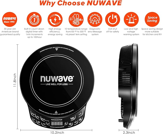 Nuwave Flex Precision Induction Cooktop, 10.25” Shatter-Proof Ceramic Glass, 6.5” Heating Coil, 45 Temps from 100°F to 500°F, 3 Wattage Settings 600, 900 & 1300 Watts, Black