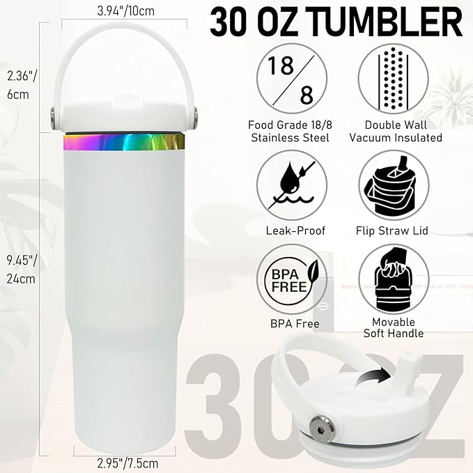30 oz Tumbler Bulk with Handle and Straw, Vacuum Insulated Tumblers with Flip Straw and Top Handle, Leakproof Powder Coated Tumbler, Stainless Steel Travel Mug for Coffee Water (White, 4 Pack)