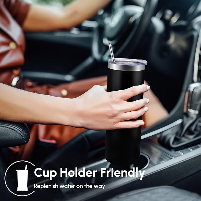 Volhoply 12 Pack Skinny Tumblers with Lid and Straw, 20oz Stainless Steel Straight Tumbler Bulk, Vacuum Insulated Coffee Mug for Home, Office, Travel, DIY (Black,12 Pack)