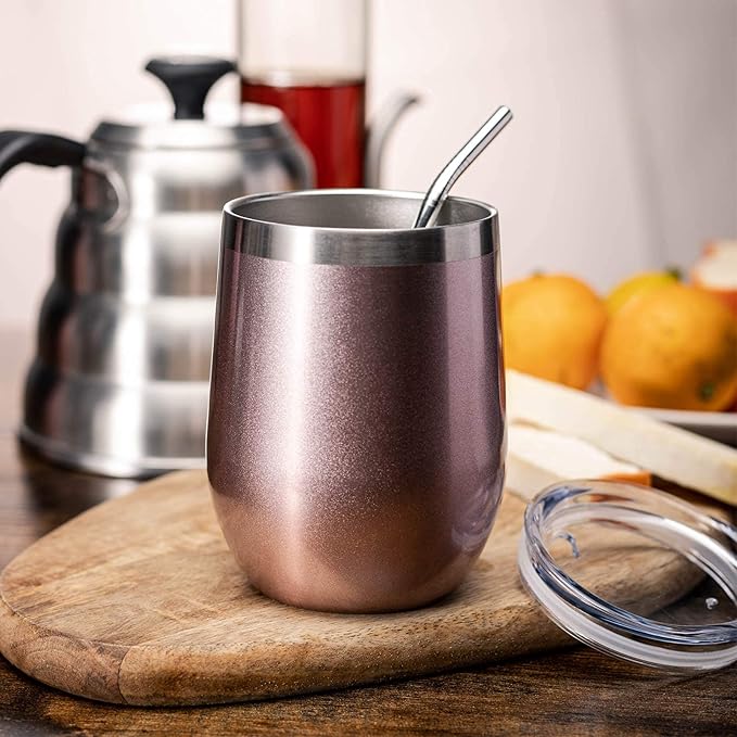 COMOOO Rose Gold Wine Tumbler 12oz Insulated Wine Cup 4 Pack with Lid and Straw Stainless Steel Wine Glass Tumbler Coffee, Wine, Champagne, Cocktails, Rose Gold