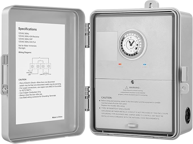 SURAIELEC Mechanical Pool Timer, 40 AMP 120V 2HP, 24 Hour Heavy Duty Timer Switch for Pool Pump, Spa, Landscape Lights, Water Heater, Simultaneously Controls Up to 2HP Devices, Outdoor Indoor Use