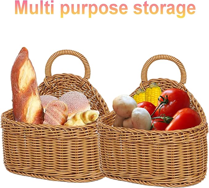 2Pcs Hanging Storage Baskets, Plastic Woven Hanging Basket with Hook, Flower Bin with Handle Kitchen Wall Basket for Ginger Garlic(Brown)