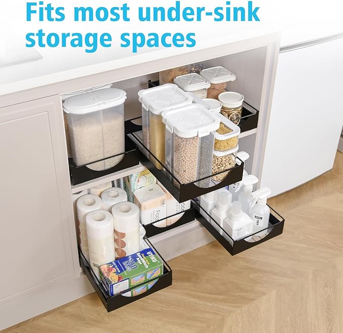 Under Sink Pull Out Organizer, Single-Tier Metal Drawer Slide Out Storage Shelf, No-Drill Nano Adhesive Installation, Fits 16"+ Deep Cabinets for Kitchen Bathroom Pantry Storage