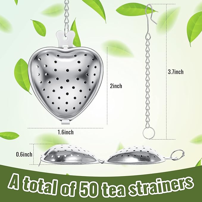 Sumind 50 Pcs Stainless Steel Tea Strainer Ball Infuser Loose Leaf Steeper Interval Diffuser Heart Shape Mesh Filters with Extended Chain Hook for tea party Seasonings Cup Bottle(Silver)