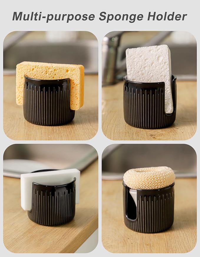 Ceramic Sponge Holder for Kitchen Sink, Scrub Sponge Dish Rack, Farmhouse Compact Sink Caddy Organizer, Black