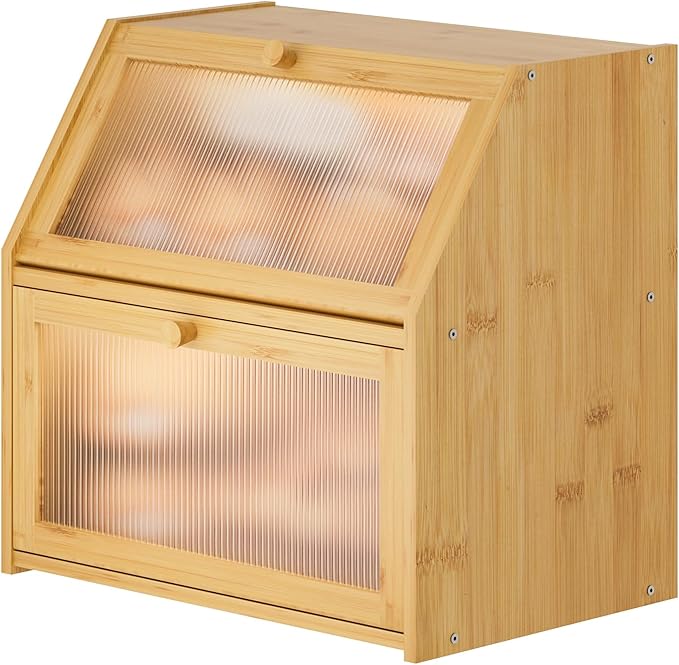 Extra Large Bread Box for Kitchen Counter, Bamboo Wood Double Layer Bread Box for Kitchen Counter, Wooden Capacity Bread Storage Bin