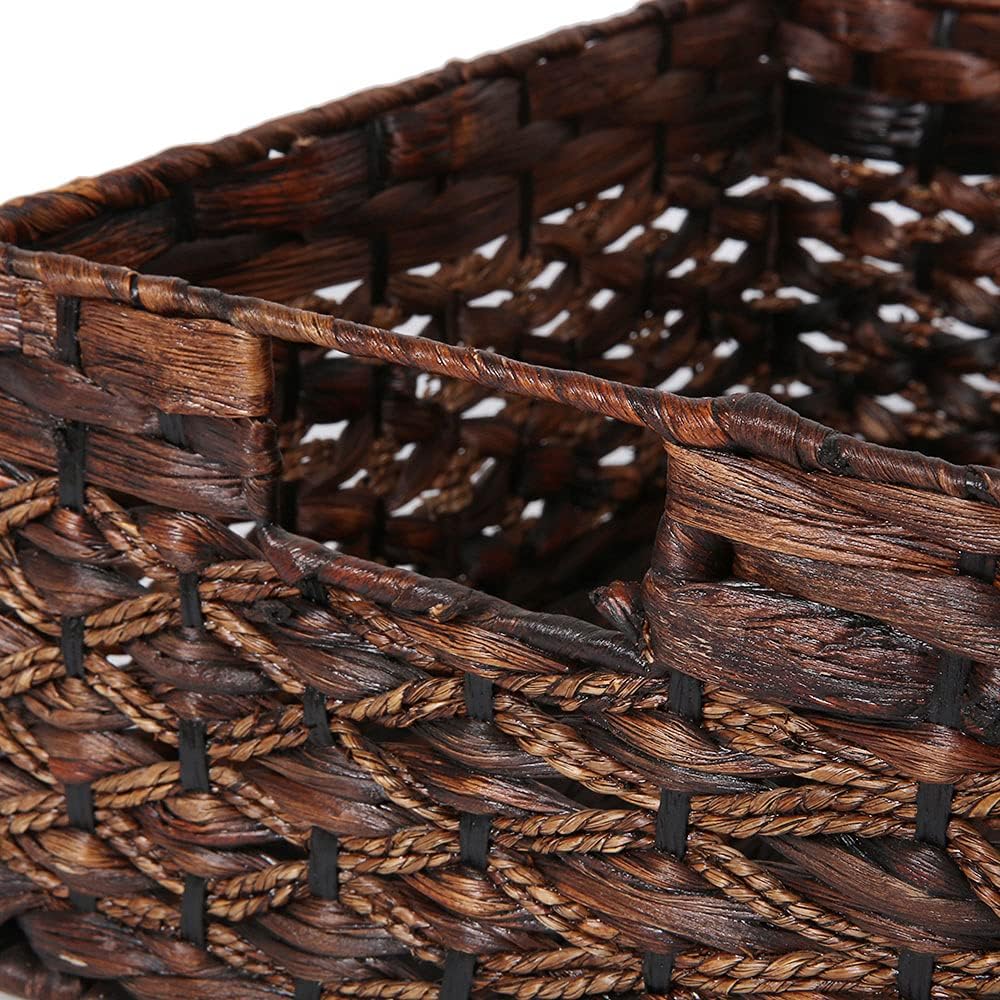 Rectangular Woven Water Hyacinth Basket,Dark Storage Basket With Inside Handle Shelves Kitchen Office Desk (Small)