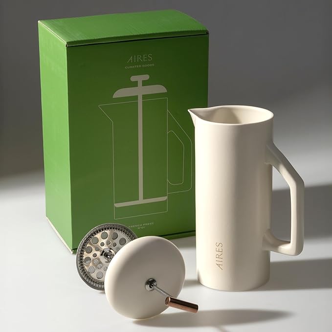 AIRES Ceramic French Press Coffee Maker – 34 oz Heat-Retaining Stoneware – Elegant Neutral Color – Inspired by Buenos Aires Coffee Culture – Gift-Ready with Barista Brewing Guide
