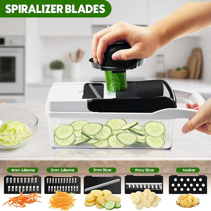 Vegetable Chopper, 10 Blades Slicer Onion Dicer, Multi 23-in-1 Veggie Mandoline Food Cutter for Tomato Fruit, Vegetable cutter with Hand Protector, Egg Separator & Slicer, Container（Black）