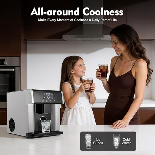 2-in-1 Ice Maker & Water Dispenser, 3 Ice Sizes in 8-12 Mins, Countertop Ice Maker Built-in Water Dispenser, Stainless Steel Ice Machine with Ice Scoop for Kitchen, Office, Party