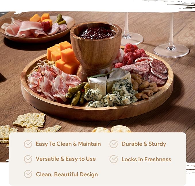 HOMESPHERE Acacia Wood Cake Stand with Lid - Multifunctional 12 In Round Cake Holder, Dessert Table Display Set & Charcuterie Board for Cheese, Chips, Fruit Platter, Acrylic Cake Dome Cover, No Glass