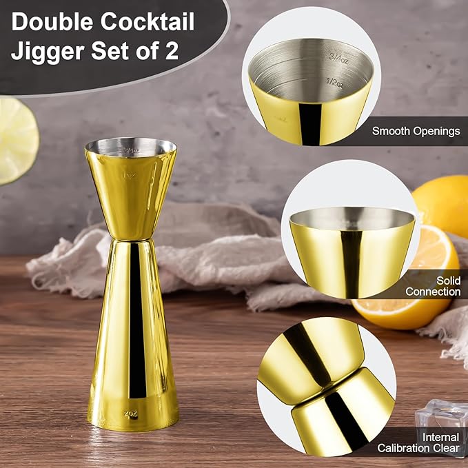 Briout Jigger for Bartending, Double Cocktail Jigger Japanese Premium 304 Food Grade Stainless Steel Jigger 2 OZ 1 OZ with Measurements Inside, Flat Edge Gold