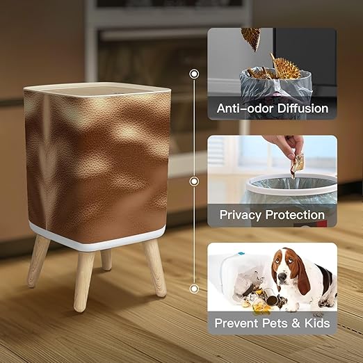Small Trash Can with Lid Shiny goldden Brown foil Texture Glass for Prints Wastebasket with Press Cover Dog Proof Garbage Can Waste Bin for Kitchen Bathroom Nursery 2.6 Gallon