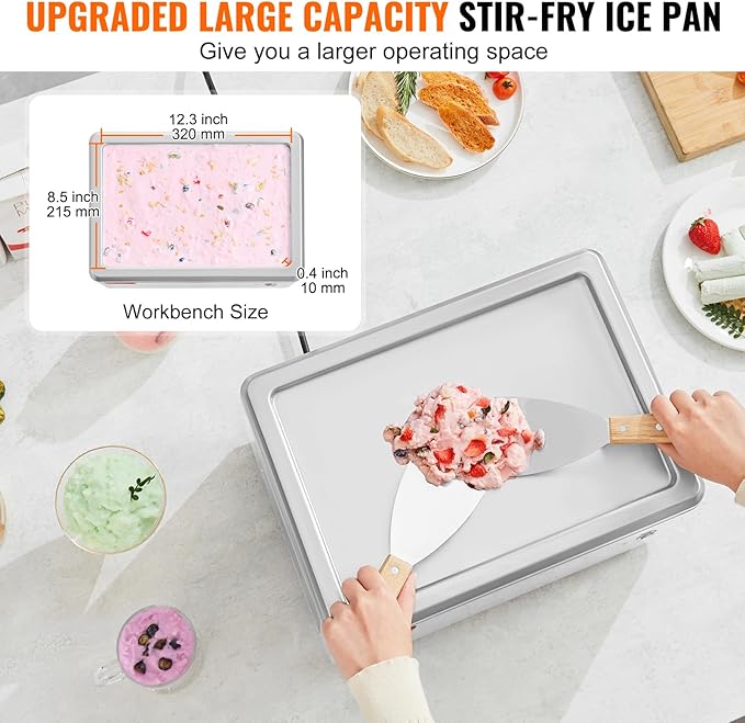 VEVOR Fried Ice Cream Machine, 12.6" x 8.5" 120W Stir-Fried Ice Cream Roll Maker with Compressor and 2 Scrapers, for Making Dessert Rolls, Frozen Yogurt