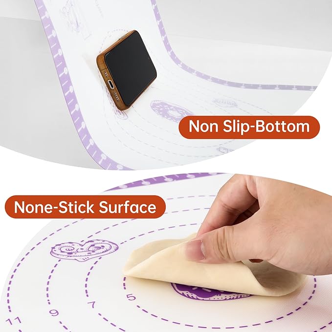 Non Stick Silicone Pastry Mat for Dough Rolling, Silicone Baking Mat for Bread, Cookie, Macaron, Pizza, Surdough, Non Slip Silcone Mat for Counter, Baking Suppliers Tools with 10 Useful Recipes