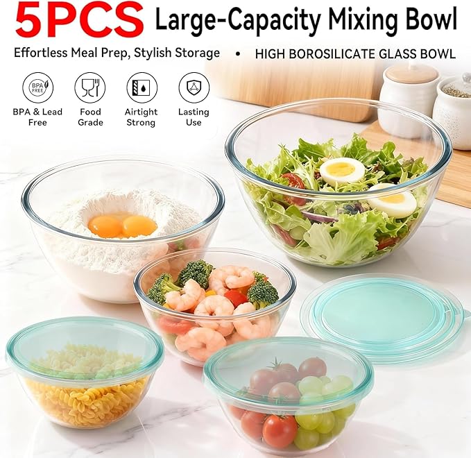 YUANYE 5 Pack Glass Mixing Bowls with Lids Set (5/2.5/1.5/0.9/0.6QT), Thick Glass Large Salad Bowl Set, Nesting Kitchen Bowls for Serving, Prepping, Cooking and Baking, Dishwasher,Oven,Microwave Safe