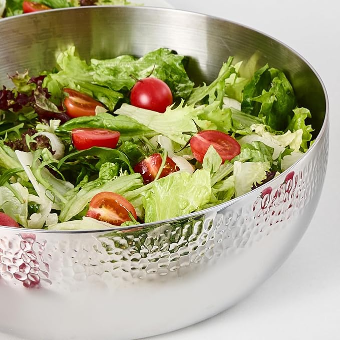 Brightalk 100oz Stainless Steel Hammered Salad Bowl, Large Fruit Popcorn Serving Bowl