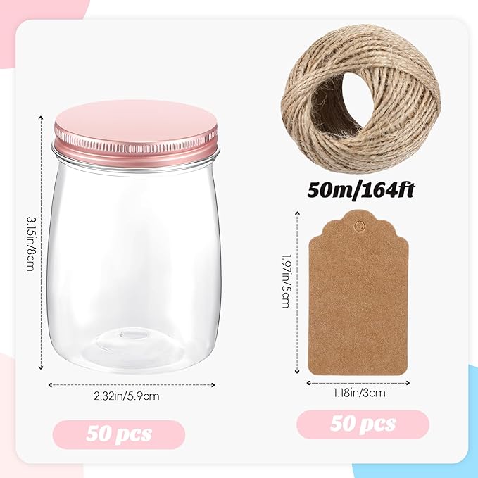 Nitial 50 Pack 5 oz Plastic Jars with Lids Bulk Yogurt Containers with Lids Gift Jars with DIY Craft Twine and Labels Gifts for Birthday Wedding Halloween Christmas Party Favor(Rose Gold,Aluminum Lid)