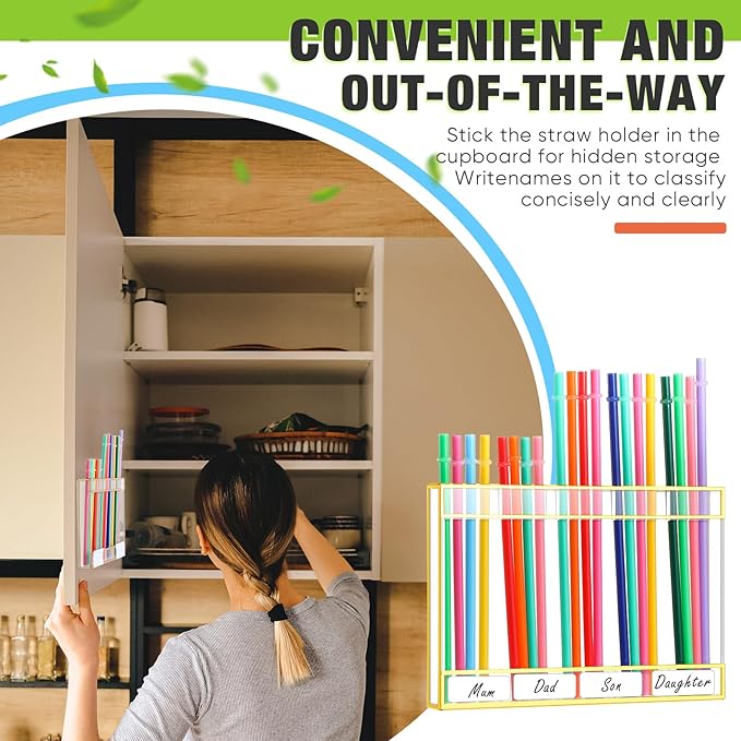 Qinyoung Acrylic Straw Holder for Cabinet Door with Double Sided Adhesive Tape Reusable Straw Organizer Tumbler Storage Kitchen Accessories Container for Counter Cupboard(Gold Trim,Large,Clear)