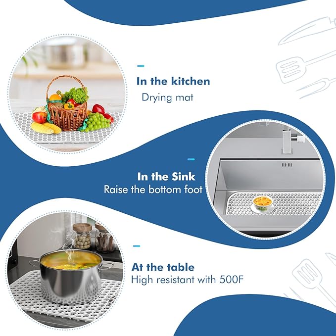 Bestjing 2 Pack Silicone Sink Protectors for Kitchen Sink with Rear Drain, 13.58''x 11.6'' Non-Slip Heat Resistant Mat Grid for Bottom of Stainless Steel Porcelain, Dishwasher Safe (White)